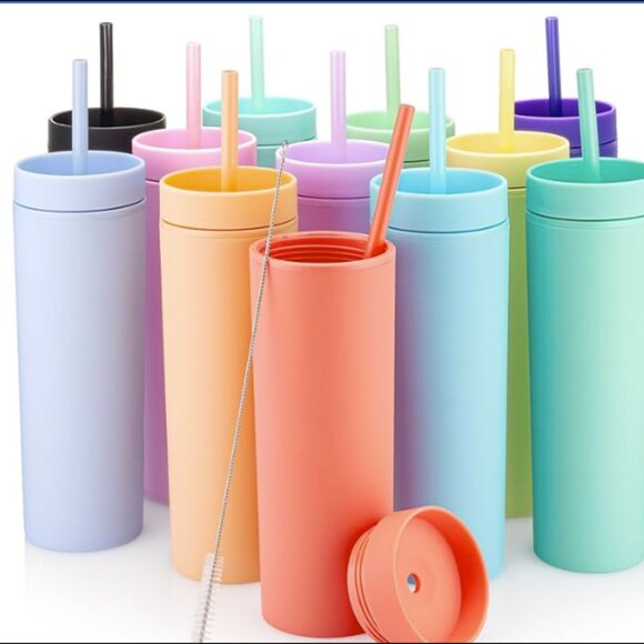 Multicolor Skinny Tumblers with Lids and Straws (12 pack) - 16oz Double Wall Acr - Picture 3 of 6